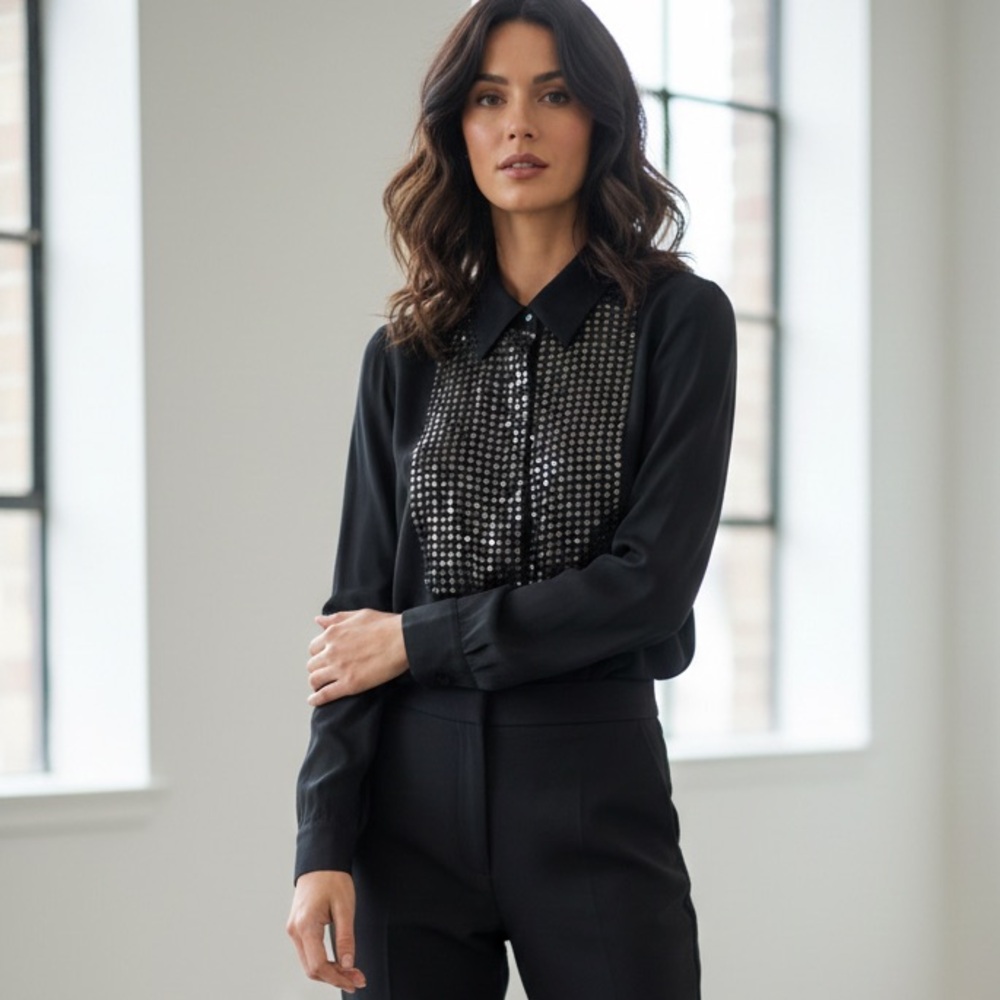 L’Agence Black Sequin Collared Silk Blouse, Dagger Collar, size 4/ Small